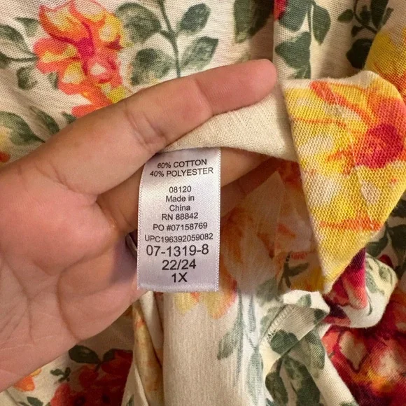 Woman Within Cream Floral 3/4 Sleeve Tunic 1X (22/24) - Picture 6 of 6